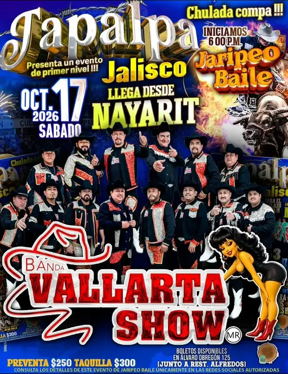 Cartel del jaripeo baile con Banda Vallarta Show en Tapalpa, Jalisco, sábado 17 de octubre de 2026 a las 6:00 PM